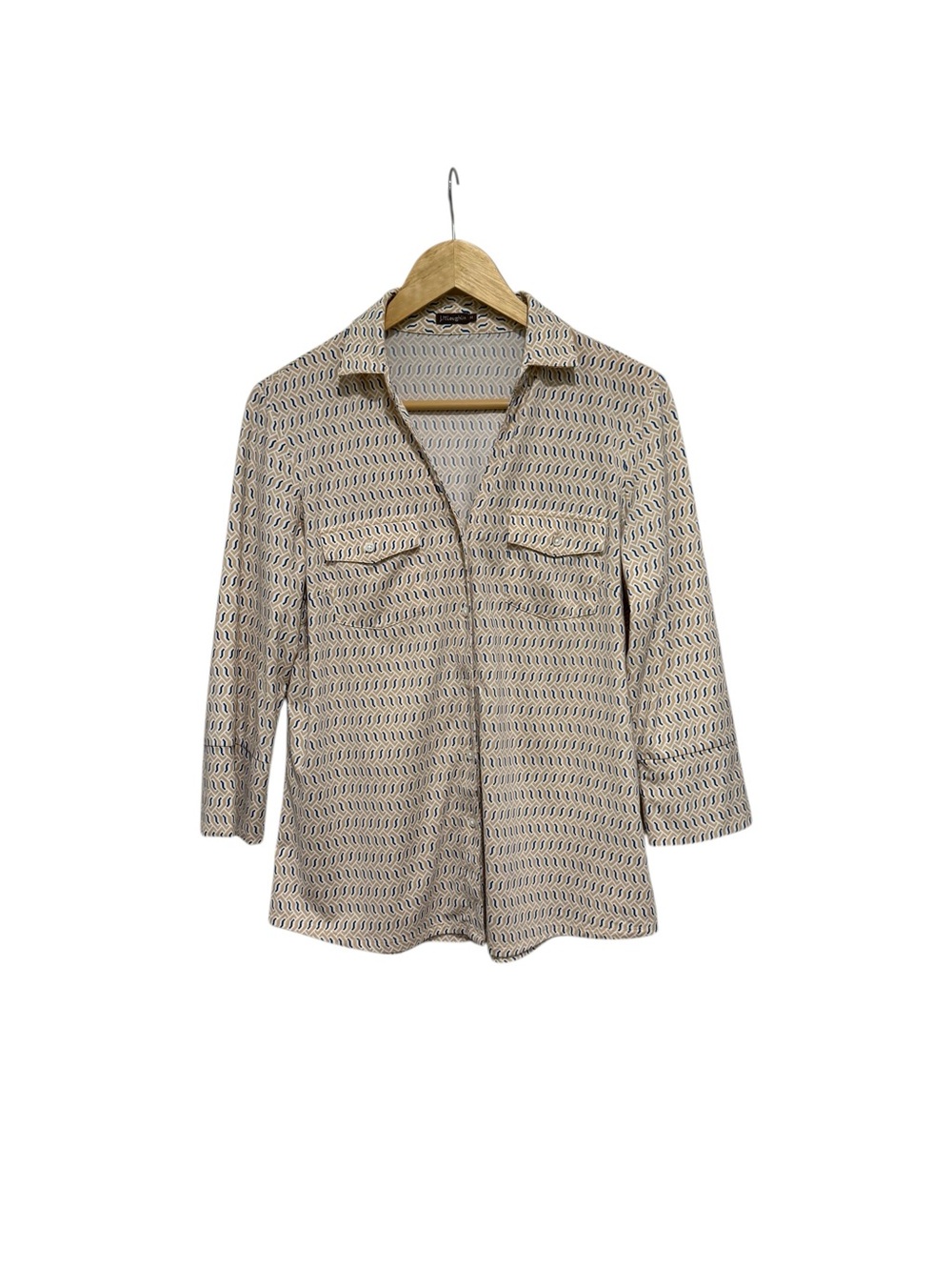 J. McLaughlin Beige and Navy Retro Print Catalina Button Down Shirt, Size M